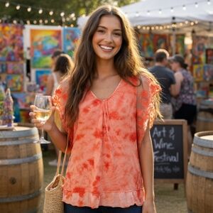 Boho One World Jrs XL Pink Angel Fairy Wing Ruffle Lace Tie Dye Top *Runs Small*